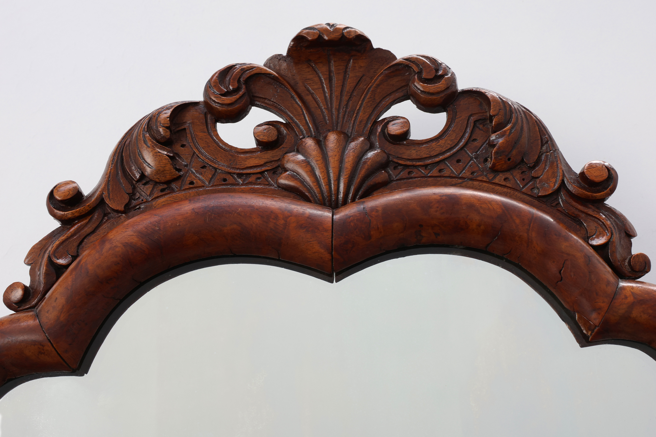 Louis XV style root veneer mirror with scalloped curved frame and oister crest, France late 19th centurythumbnail